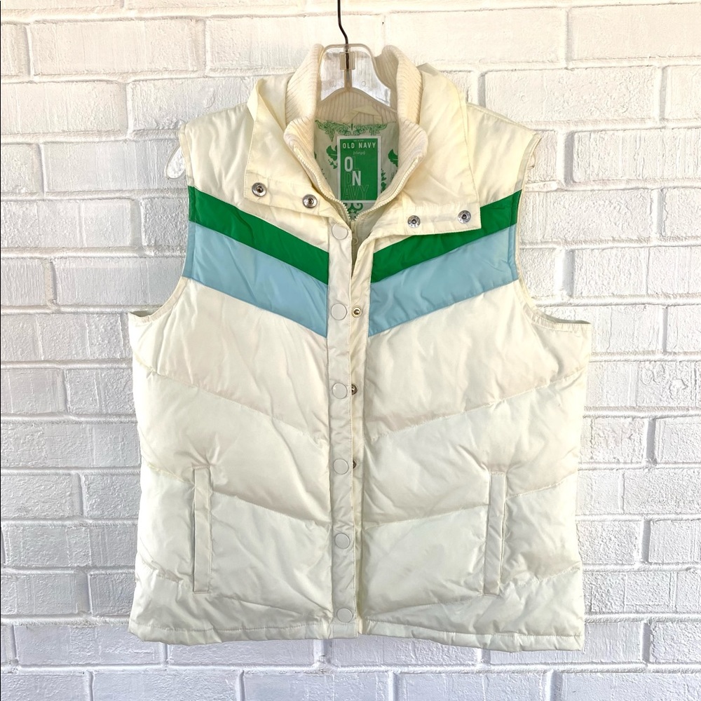 NWT 2006 Old Navy Puffer Vest Retro Ski Style Green Blue Stripes Off White XL